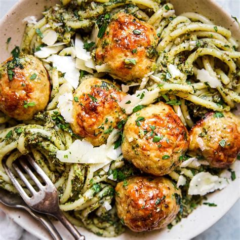 baked-chicken-meatballs-with-broccoli-pesto-pasta image