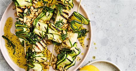 zucchini-and-haloumi-skewers-recipe-with-mint-dressing image