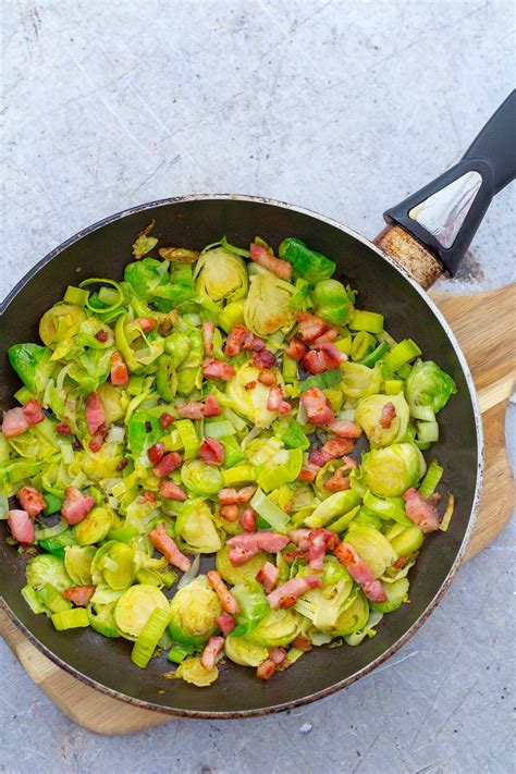 pan-fried-sprouts-with-leek-and-bacon-easy-peasy-foodie image
