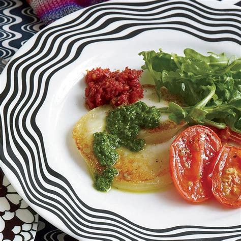 pan-fried-scamorza-with-arugula-salad-and-two-pestos image