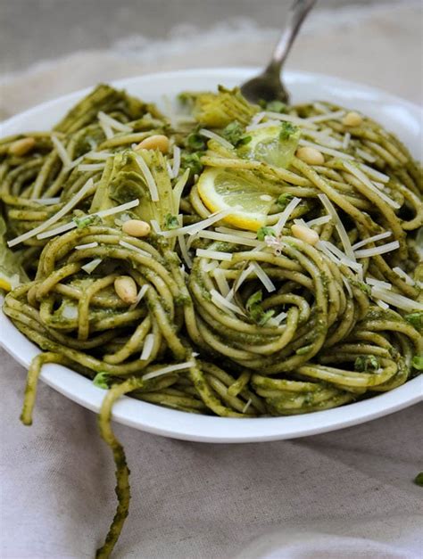 pesto-pasta-with-artichoke-hearts-sea-salt-savorings image