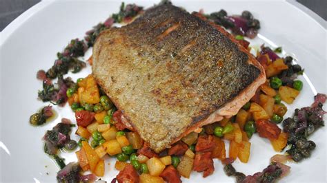 pan-fried-sea-trout-peas-and-chorizo-fricassee-rt image