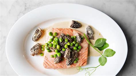 poached-wild-salmon-with-peas-and-morels-recipe-bon image