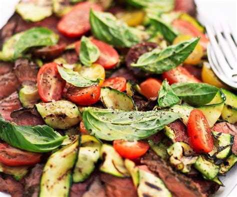 seared-beef-with-zucchini-tomatoes-and-basil-food image