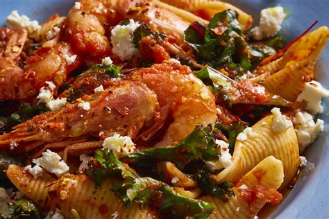 greek-style-shrimp-pasta-with-kale-and-mevgal-feta image