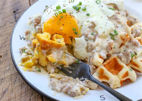 cheddar-chive-waffles-with-sausage-gravy-barefeet image
