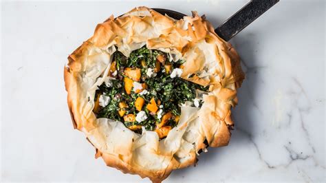 skillet-phyllo-pie-with-butternut-squash-kale-and-goat image