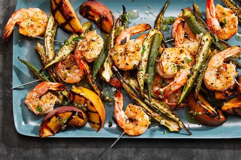 shrimp-kebab-recipe-with-okra-and-grilled-peaches image