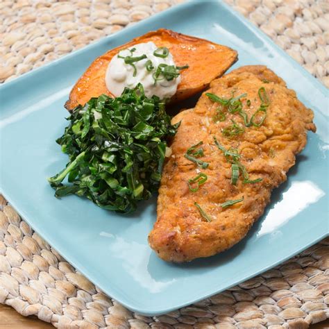 chicken-fried-chicken-with-baked-sweet-potato-collard image