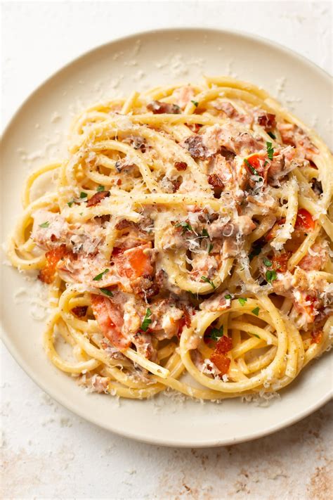 easy-creamy-bacon-tomato-pasta-salt-lavender image