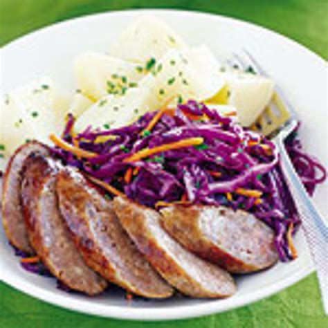 bratwurst-sausage-with-confetti-cabbage-stir-fry image
