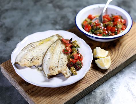 grilled-lemon-sole-with-tomatoes-capers-olives image