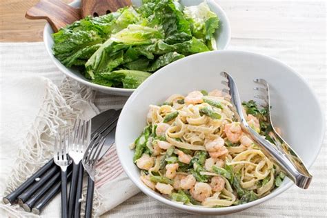 shrimp-fettuccine-alfredo-with-asparagus-romaine image