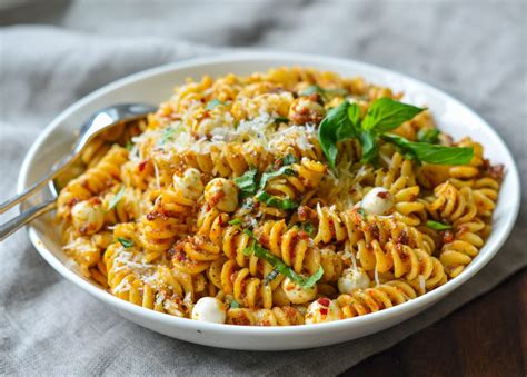 pasta-with-sun-dried-tomato-pesto-and-mozzarella-pearls image