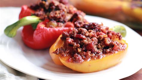 cuban-picadillo-stuffed-red-bell-peppers image