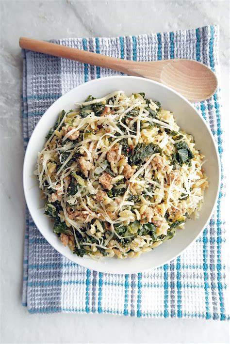one-pot-orzo-pasta-with-italian-sausage-and-kale-yay-for-food image
