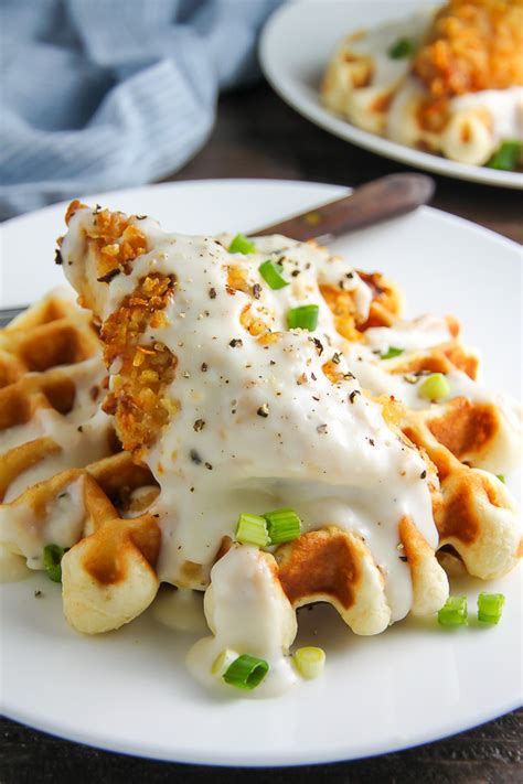 oven-fried-chicken-with-waffles-and-white-gravy image