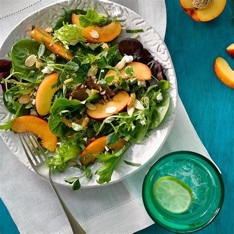 green-salad-with-peaches-feta-mint-vinaigrette image
