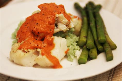 grilled-halibut-with-roasted-red-pepper-puree image