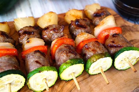 grilled-bratwurst-and-vegetable-shish-kabob-skewers image