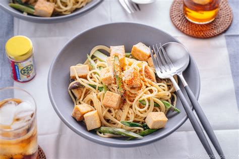 creamy-miso-pasta-with-tofu-and-asparagus-just-one image