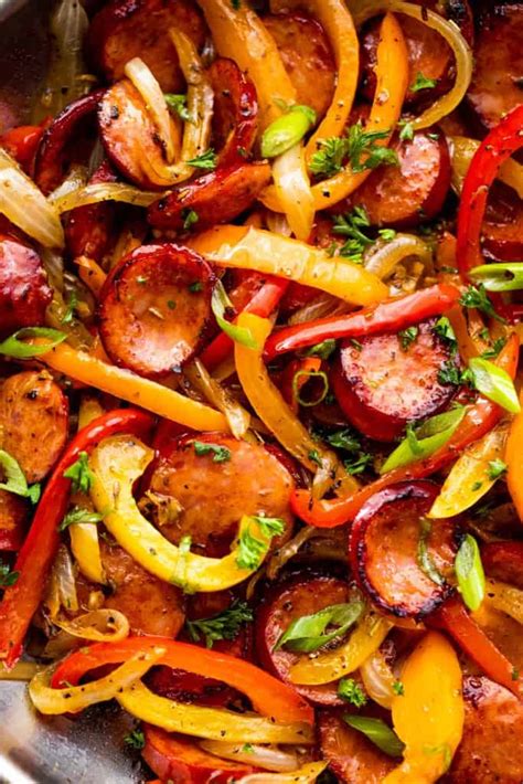 smoked-sausage-and-peppers-with-onions-skillet image