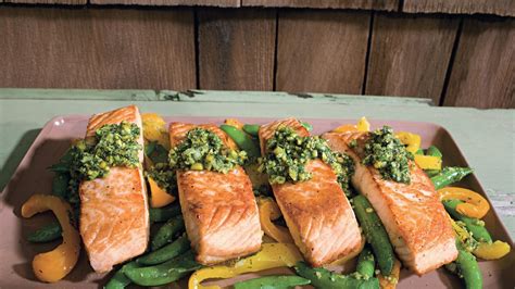 salmon-with-snap-peas-yellow-peppers-and-dill-pistachio image