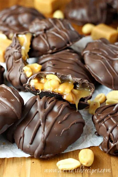 chocolate-caramel-peanut-clusters-lets-dish image