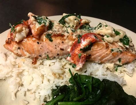 salmon-with-lobster-cream-sauce-dinner image