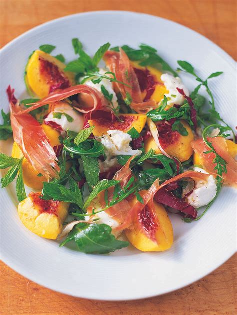 mixed-leaf-salad-with-mozzarella-mint-peach-prosciutto image