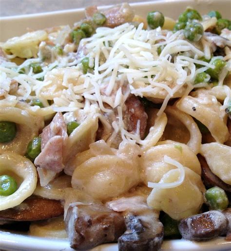 orecchiette-pasta-with-ham-mushrooms-and-peas image