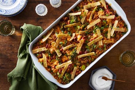 mexican-chicken-rice-casserole-with-broccoli-tortilla-strips image