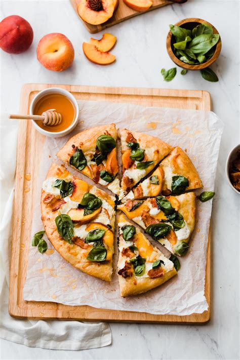 peach-pizza-with-bacon-fresh-basil-and-honey-blue-bowl image
