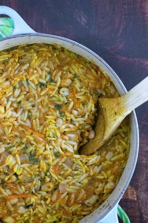 easy-pumpkin-baked-orzo-with-kale-carrots-white-beans image