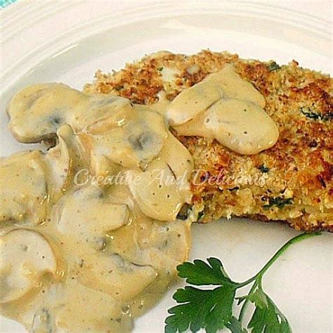 lemon-chicken-schnitzel-with-low-fat-mushroom-sauce image
