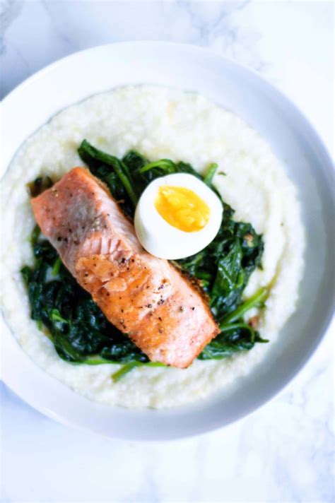 salmon-and-grits-with-garlicky-greens-boiled-eggs image