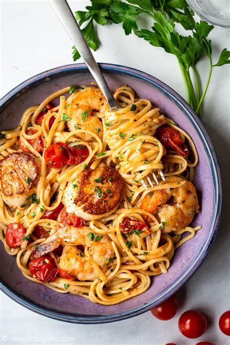 scallop-shrimp-pasta-with-burst-cherry-tomatoes image