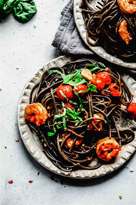 easy-squid-ink-pasta-with-shrimp-cherry-tomatoes image