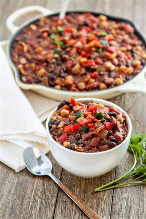 slow-cooker-baked-bean-trio-with-bacon-and-peppers image
