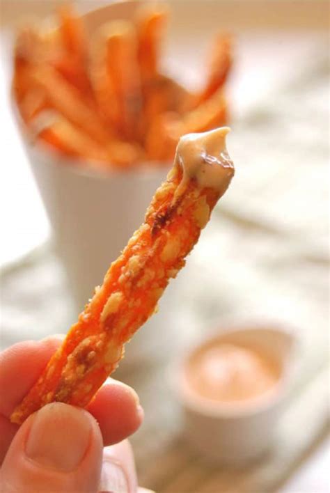 crispy-sweet-potato-fries-with-spicy-sriracha-mayo-dip image