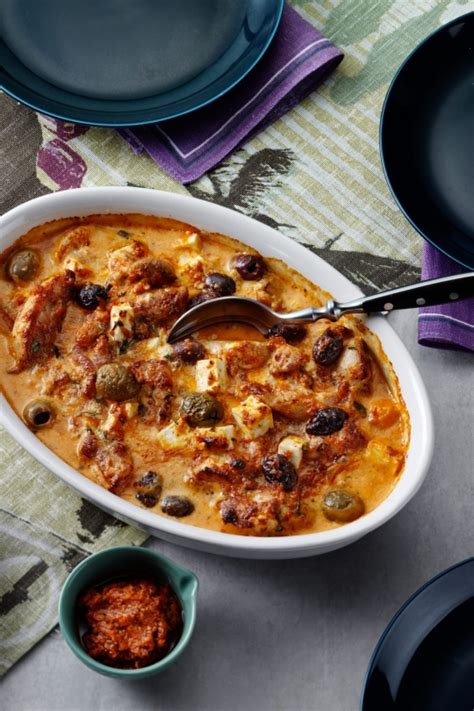 keto-pesto-chicken-casserole-with-feta-cheese-and-olives image