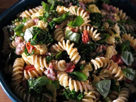 pasta-scramble-with-breakfast-sausage-kale-tomatoes image
