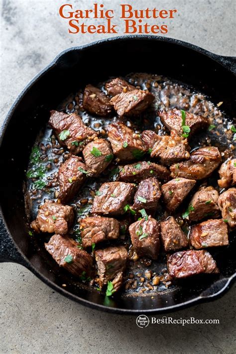 skillet-steak-bites-recipe-with-garlic-butter-steak-tips image