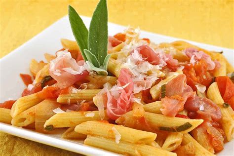 penne-with-tomato-sage-sauce-and-prosciutto image