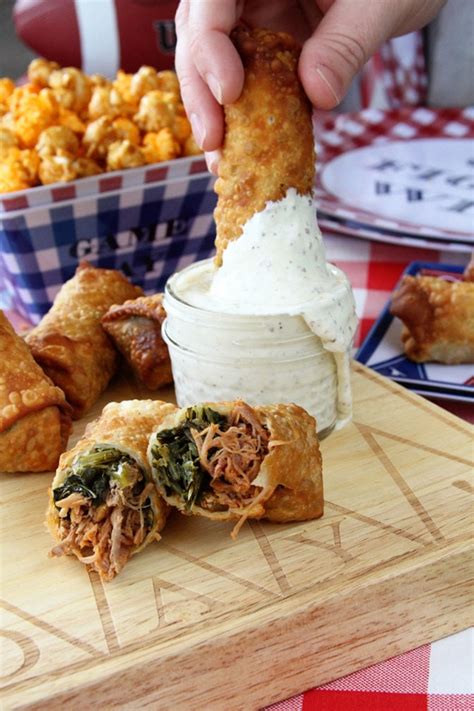 pulled-pork-and-collard-green-egg-rolls-with-alabama image