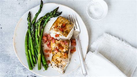 one-pan-roasted-asparagus-and-halibut-with-tomato image