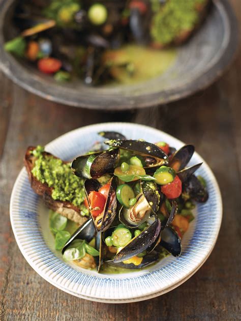 pesto-mussels-toast-seafood-recipe-jamie-oliver image