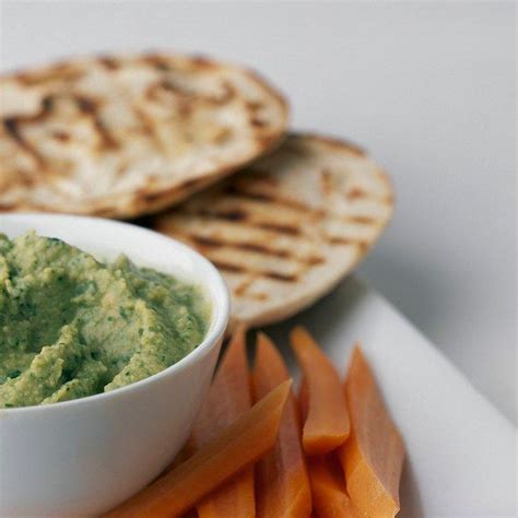 chickpea-cilantro-dip-with-grilled-pita-and-carrot-sticks image