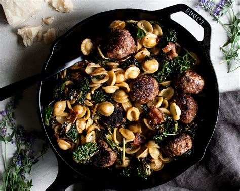 lemony-bacon-orecchiette-with-veal-meatballs-the image