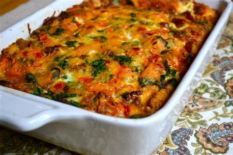 egg-and-sausage-breakfast-casserole-with-spinach-and-tomatoes image